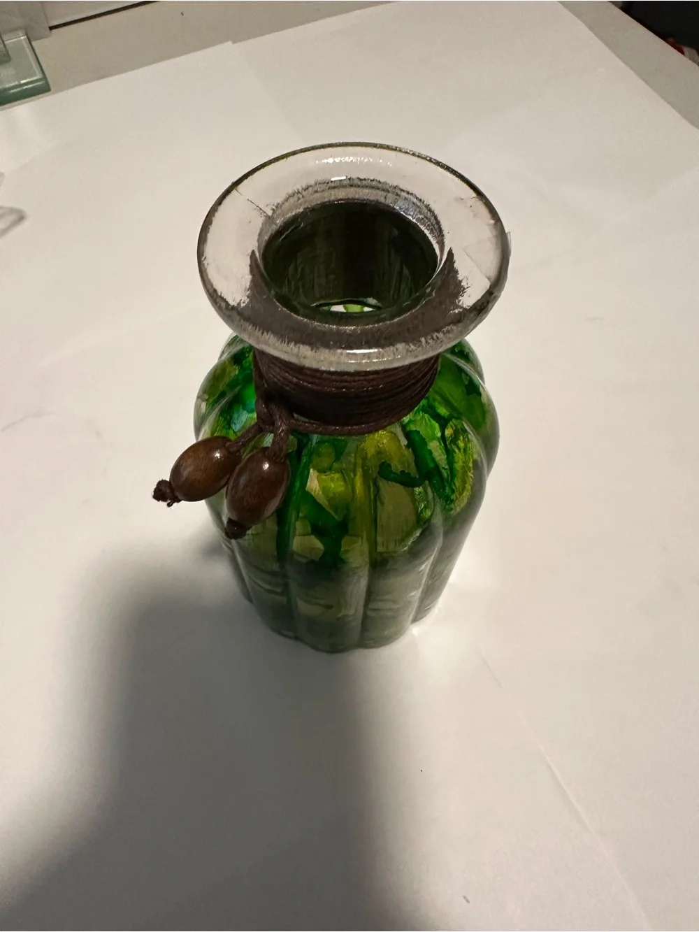 Hand crafted Green Decorative Glass Bottle Vase with Rope Accent